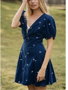 Pilcro Calder Puff-Sleeve Embroidered A-Line Dress